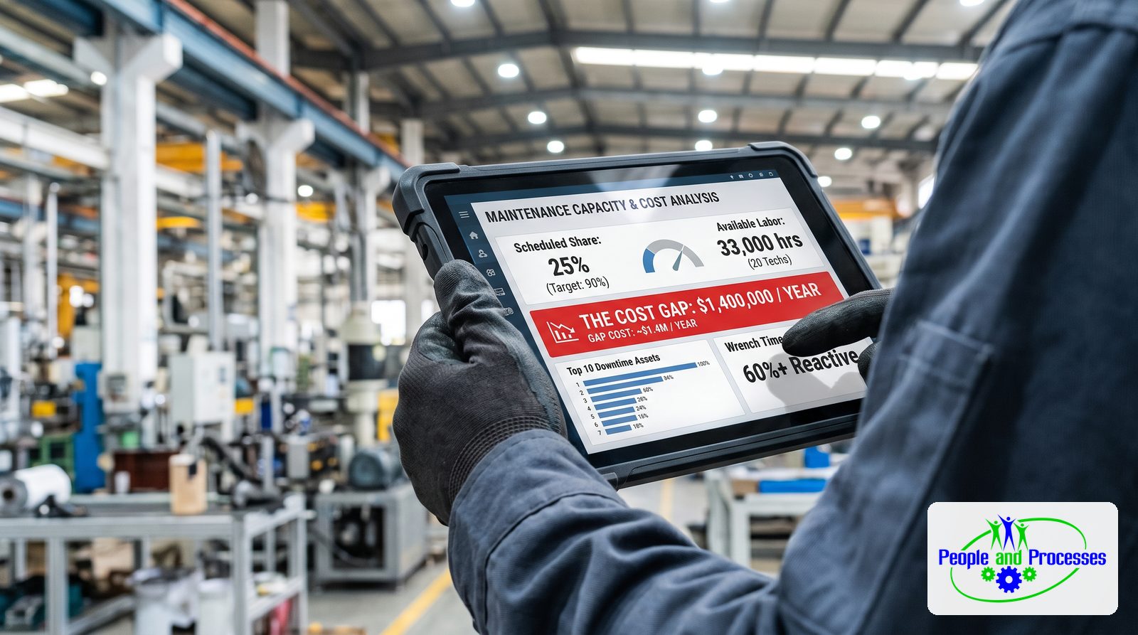 Maintenance capacity and cost analysis on a tablet: 25% scheduled share against a 90% target, 33,000 available hours, a $1.4 million cost gap